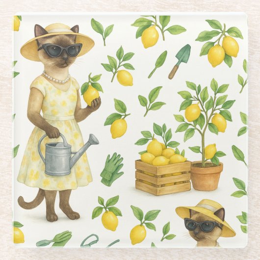 猫はガーデニングレモンガーデン ガラスコースター (正面)