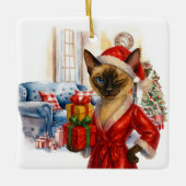 猫はクリスマスのボクシング セラミックオーナメント (正面)