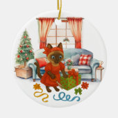 猫はクリスマスのボクシング セラミックオーナメント (正面)
