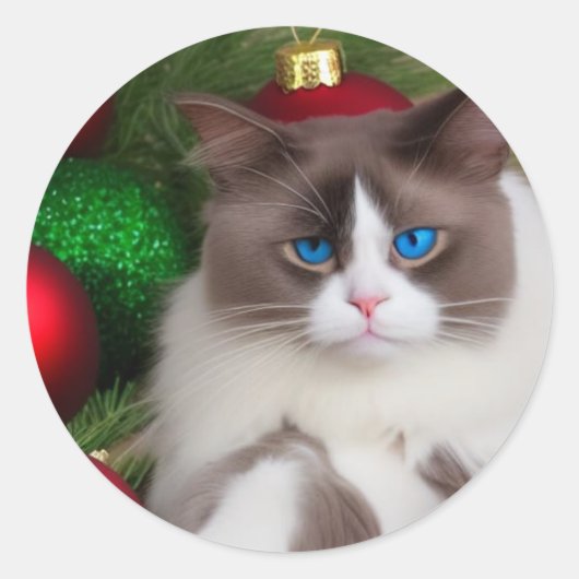 猫はクリスマスツリーのおもしろい ラウンドシール (正面)
