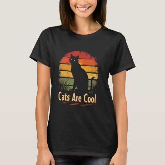 猫はクールな猫のシルエット レトロ Tシャツ (正面)
