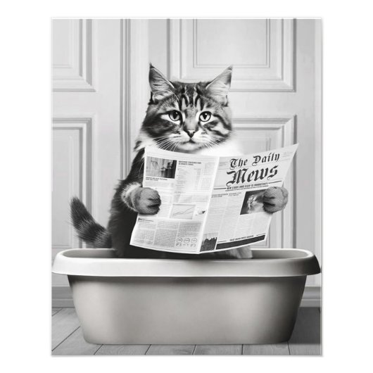 猫はトイレに座って、猫は読ニュースだ フォトプリント (正面)