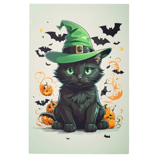 猫はハロウィーンの帽子をかぶる メタルプリント (正面)
