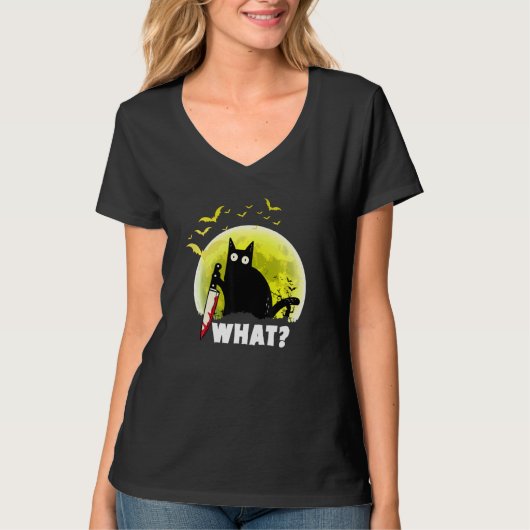 猫は何おもしろい黒Ca、ナイフで殺意のある猫 Tシャツ (正面)