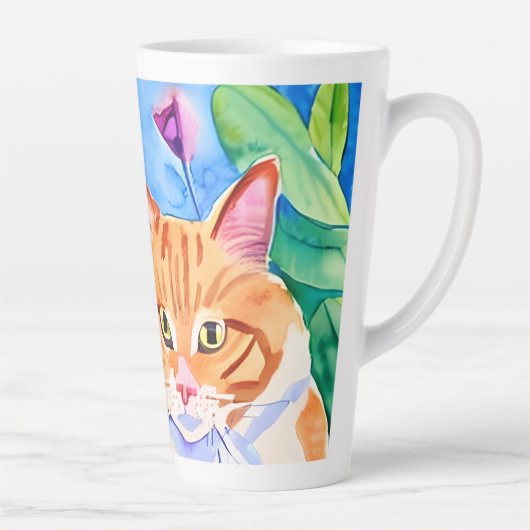 猫は私の部族 |オレンジ色の猫と花 カフェラテマグ (右)