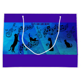 猫は音楽のよう: 五線譜とギターのターコイズ ラージペーパーバッグ