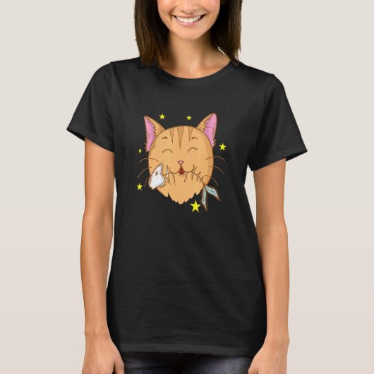猫は魚と食べ物が大好き Tシャツ (正面)