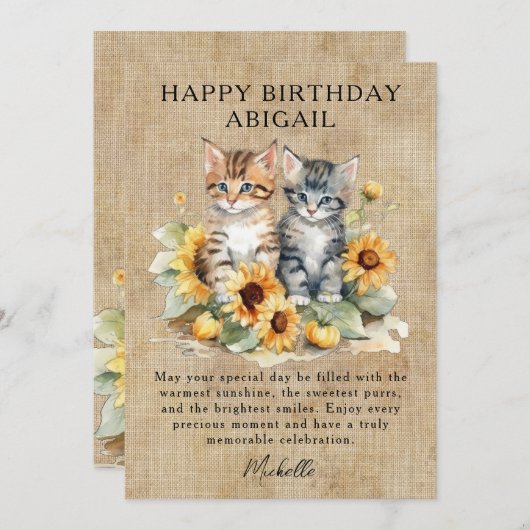 猫ひまわり素朴と子猫誕生日カード (正面/裏面)