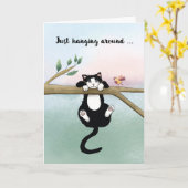 猫ぶら下がったののまわりに可愛い鳥の話 カード (黄色い花)