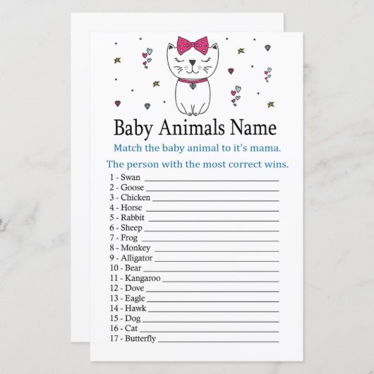 猫または子猫の赤ちゃん動物の名前ゲーム (正面/裏面)