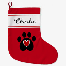 猫または犬のポープリントと赤いハート ラージクリスマスストッキング