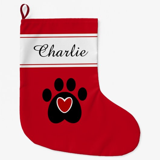 猫または犬のポープリントと赤いハート ラージクリスマスストッキング (正面)