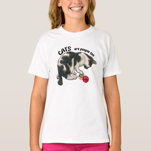 猫も人間だね、猫とビー玉 Tシャツ (正面)
