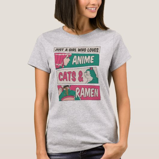 猫やアニメ、ラーメンが大好きな女の子 Tシャツ (正面)