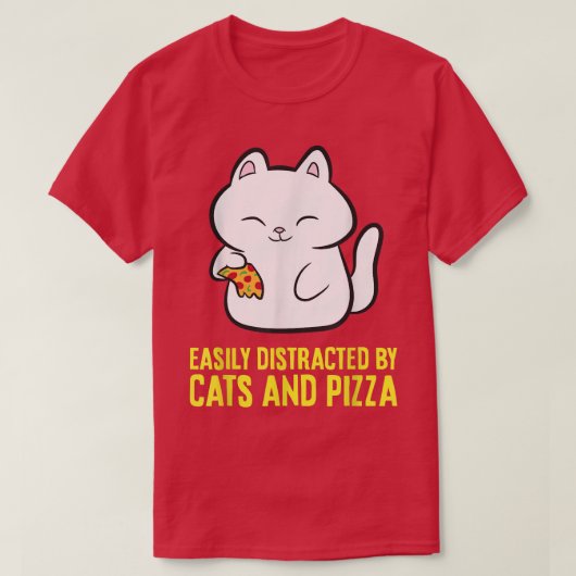 猫やピザのかわいい猫に気を取られる Tシャツ (デザイン正面)