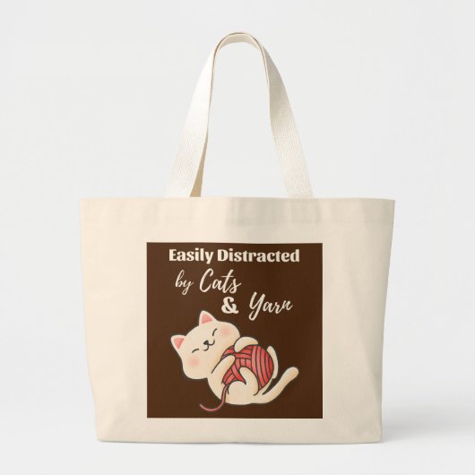 猫やヤーンクロシェに気を取られおもしろいやすい ラージトートバッグ (正面)