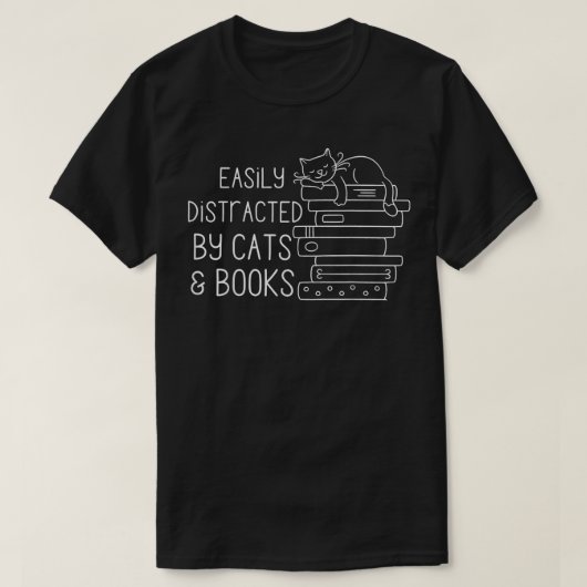 猫や本に気が散おもしろいりやすい Tシャツ (デザイン正面)