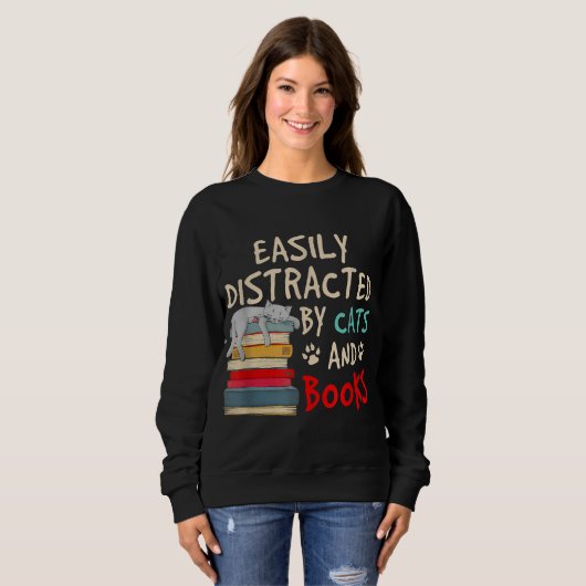 猫や本に気を取られやすい – Cat & Book スウェットシャツ (正面フル)