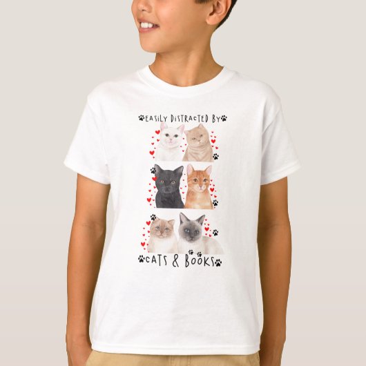 猫や本に気を取られやすい Tシャツ (正面)