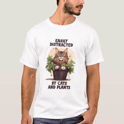 猫や植物に気を取られる Tシャツ (正面)