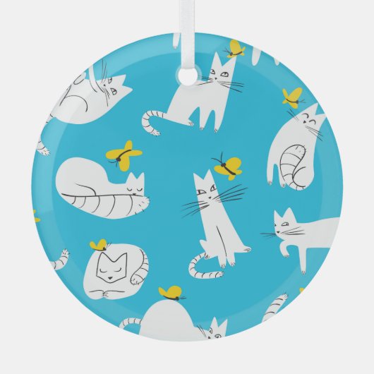 猫よくはしゃぐと蝶の柄 ガラスオーナメント (正面)