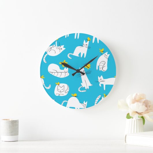 猫よくはしゃぐと蝶の柄 ラージ壁時計 (ホーム)