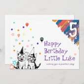 猫よくはしゃぐ誕生日祝いカード子供へ 招待状 (正面/裏面)