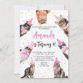 猫をテーマにしたピンクガール誕生日 招待状 (正面)