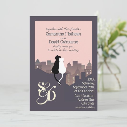 猫をテーマにしたモノグラム結婚のデザイン 招待状 (スタンド正面)