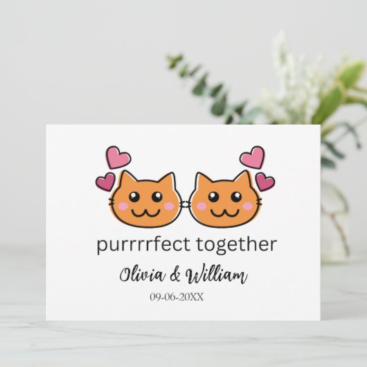 猫をテーマにしたユーモアあふれる婚約おめでとうカード ラブバード 案内状 (スタンド正面)
