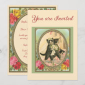 猫をテーマにした結婚式 ホワイトとグリーン 招待状 (正面/裏面)