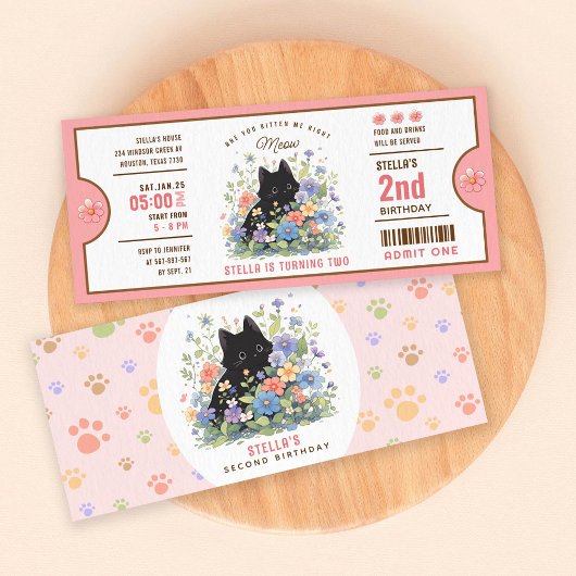 猫をテーマにした誕生日チケット招待状 | かわいい黒 招待状