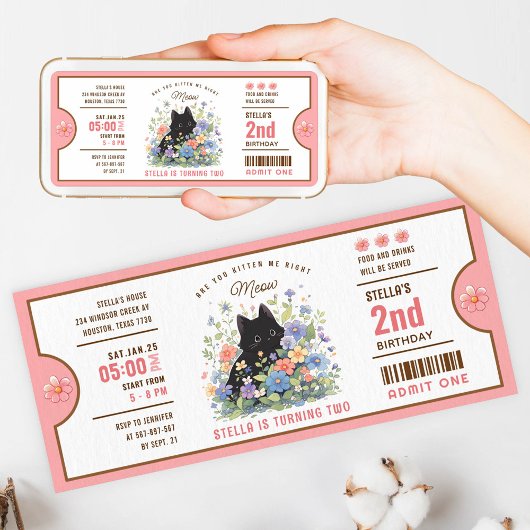 猫をテーマにした誕生日チケット招待状 | かわいい黒 招待状