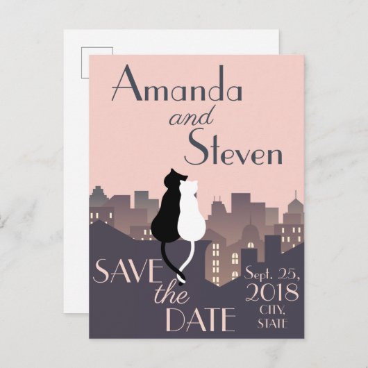 猫をテーマ結婚にしたデザイン 案内ポストカード (正面/裏面)