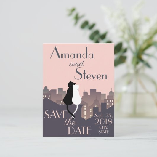 猫をテーマ結婚にしたデザイン 案内ポストカード (スタンド正面)