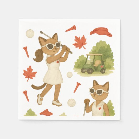 猫を愛するゴルファーをテーマにしたカナダデー スタンダードカクテルナプキン (正面)