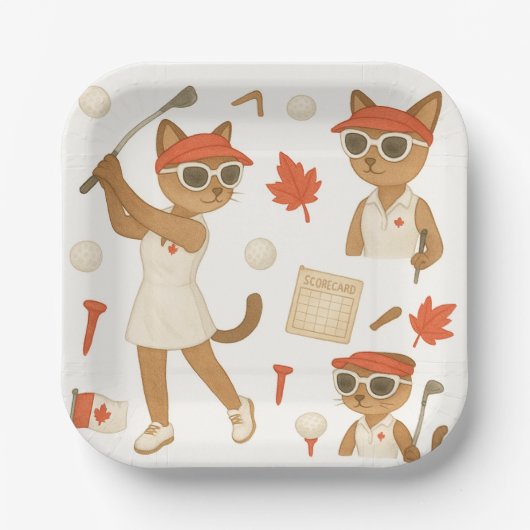 猫を愛するゴルファーをテーマにしたカナダデー ペーパープレート (正面)
