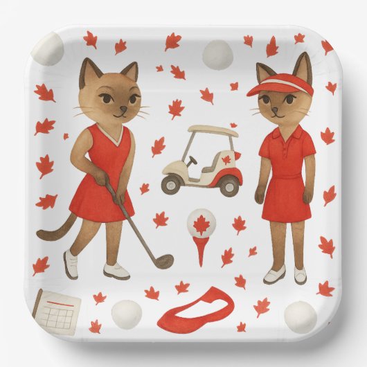 猫を愛するゴルファーをテーマにしたカナダデー ペーパープレート (正面)