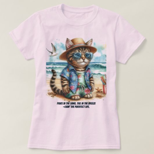 猫を愛する人のためのビーチライフを目指す Tシャツ (デザイン正面)