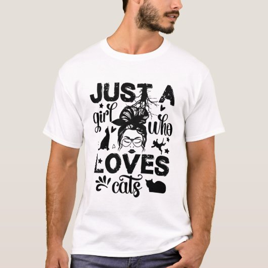 猫を愛する女の子 – もじゃもじゃお団子ヘアの猫ママ Tシャツ (正面)