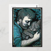 猫を抱いたリノカットひげの男 ポストカード (正面/裏面)