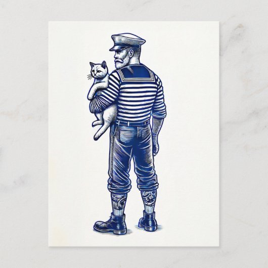 猫を抱く水兵のヴィンテージイラスト ポストカード (正面)
