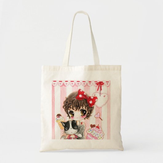 猫を持つかわいいの女の子 トートバッグ (正面)