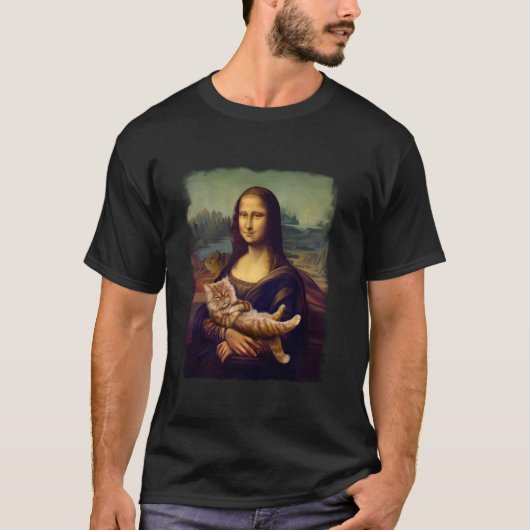 猫を持つモナリザの面白いアートパロディクラシックP Tシャツ (正面)