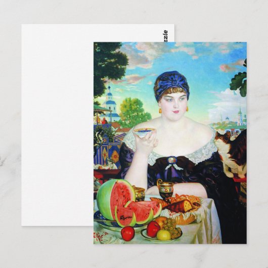 猫を持つDrinking Tea女性 ポストカード (正面/裏面)