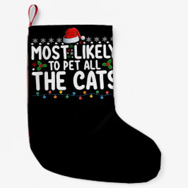 猫を撫でるのが大好きなクリスマス家族 スモールクリスマスストッキング