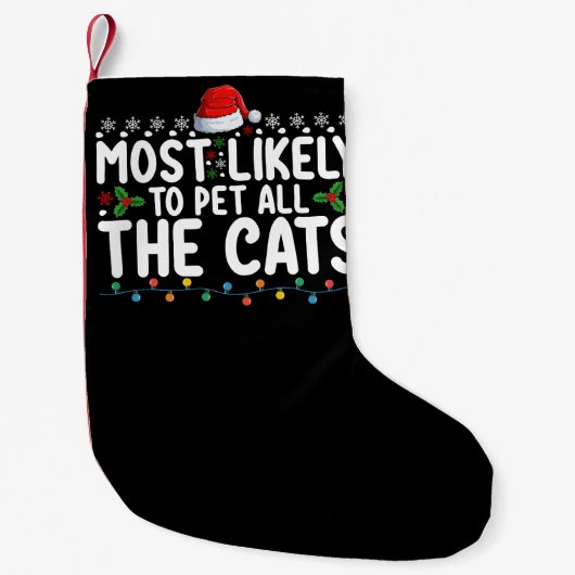 猫を撫でるのが大好きなクリスマス家族 スモールクリスマスストッキング (正面)