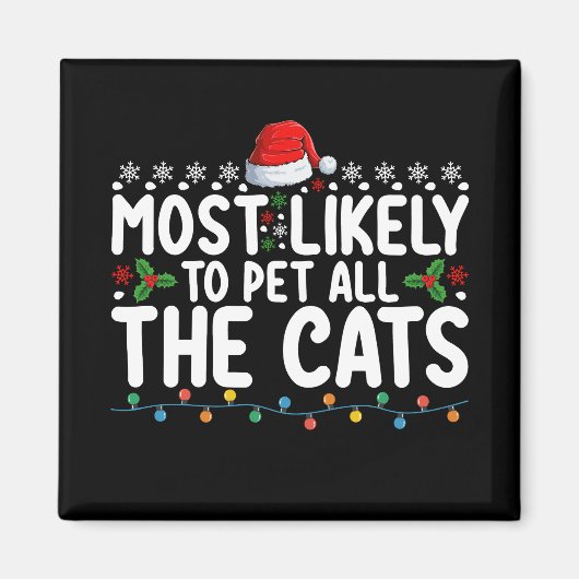 猫を撫でるのが大好きなクリスマス家族 マグネット (正面)