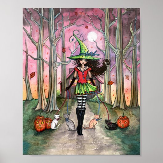 猫を散歩させる魔女のハロウィンポスター ポスター (正面)