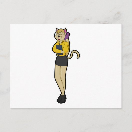 猫を秘書として、ラップトップと携帯電話付き ポストカード (正面)